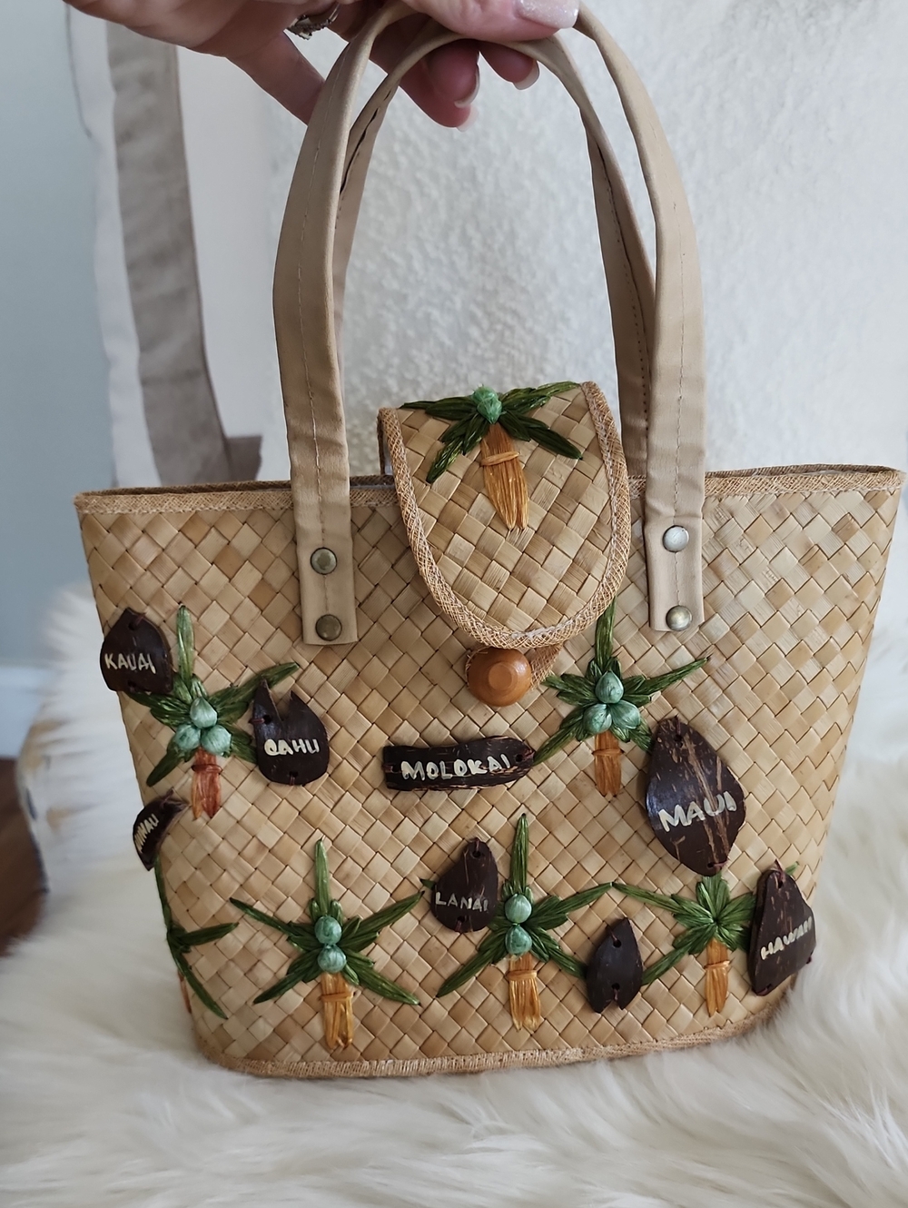 ALOHA Collection Natural Straw Mini Tote with Coconut Shell Accents